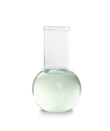 Photo of Laboratory flask with liquid on white background. Chemical analysis