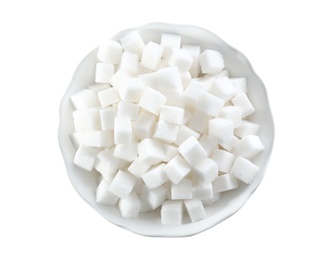 Refined sugar cubes in bowl on white background, top view