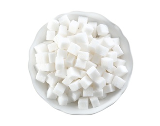 Photo of Refined sugar cubes in bowl on white background, top view