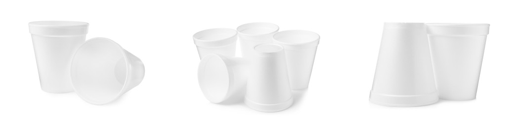 Image of Set with styrofoam cups on white background. Banner design