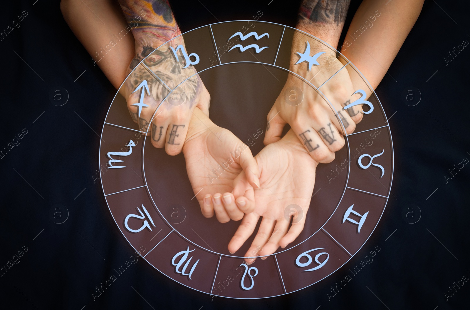 Image of Sexual compatibility. Zodiac wheel and passionate couple having sex on bed, closeup of hands