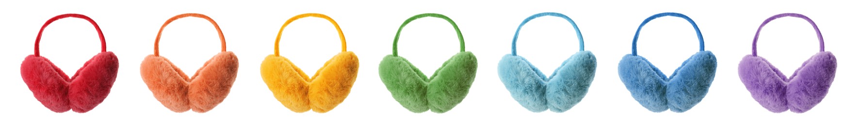 Set with different colorful soft earmuffs on white background. Banner design