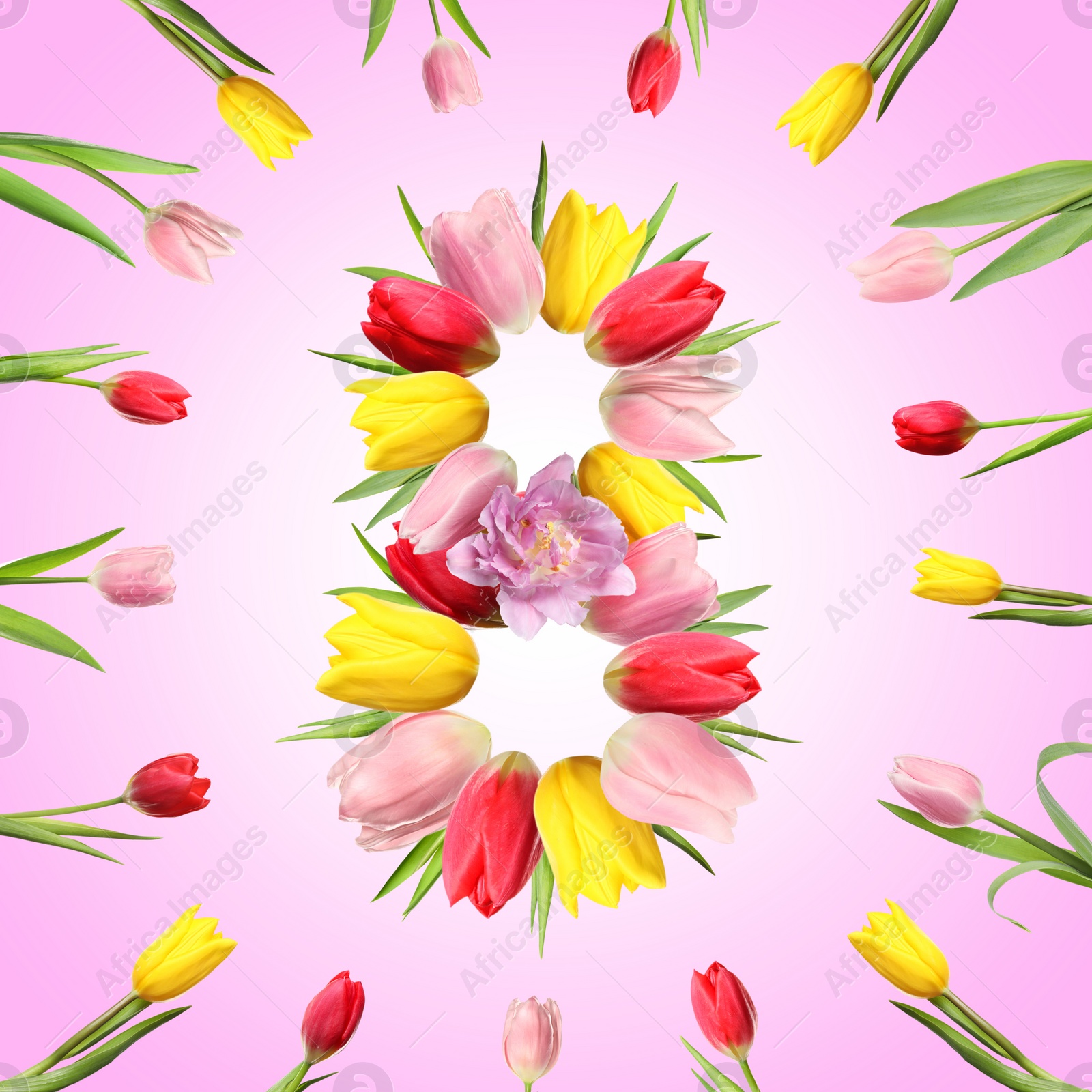 Image of International Women's Day - March 8. Card design with number 8 of bright flowers on pink background