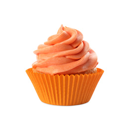 Photo of Delicious birthday cupcake decorated with orange cream isolated on white