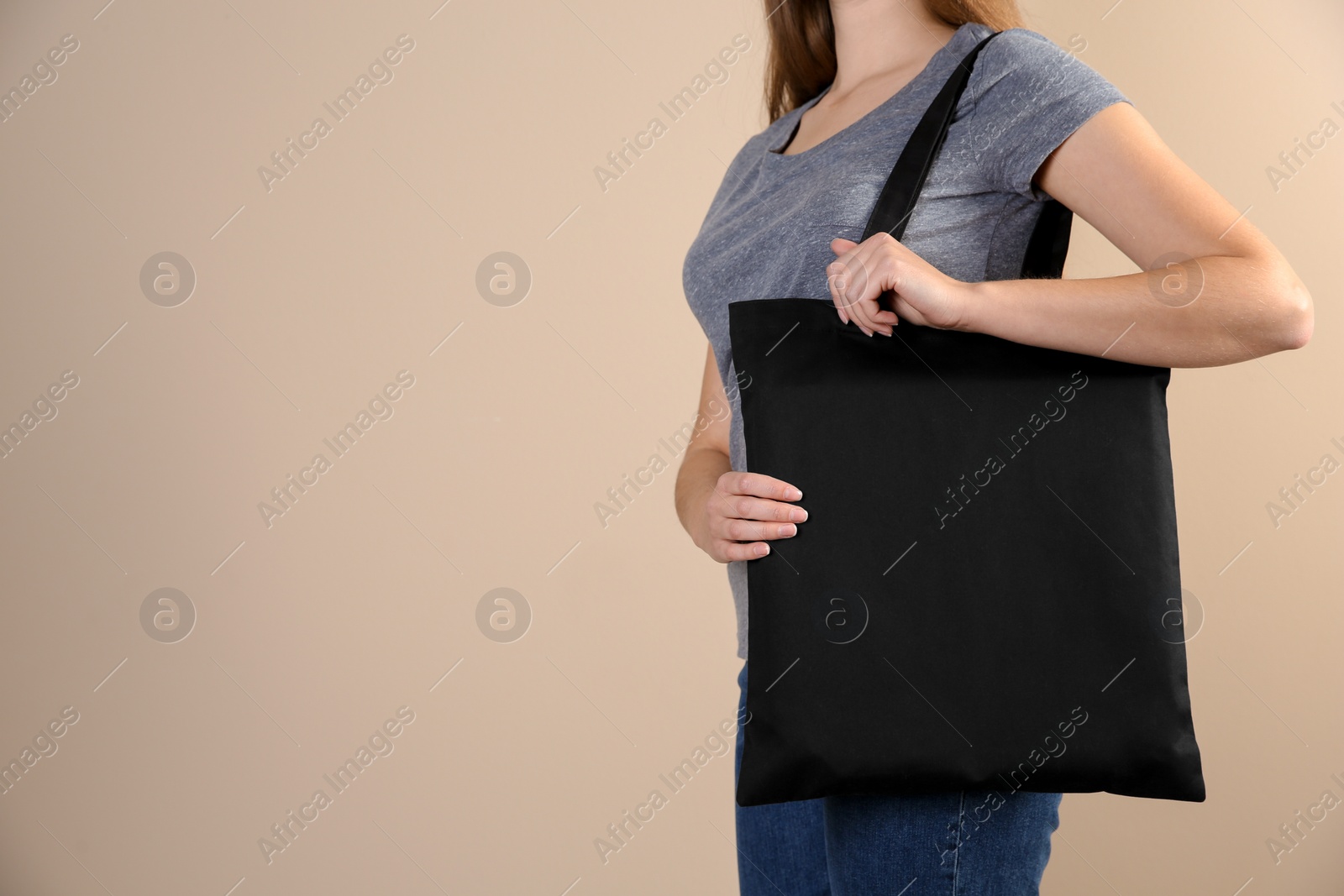 Photo of Woman with eco bag on color background. Mock up for design