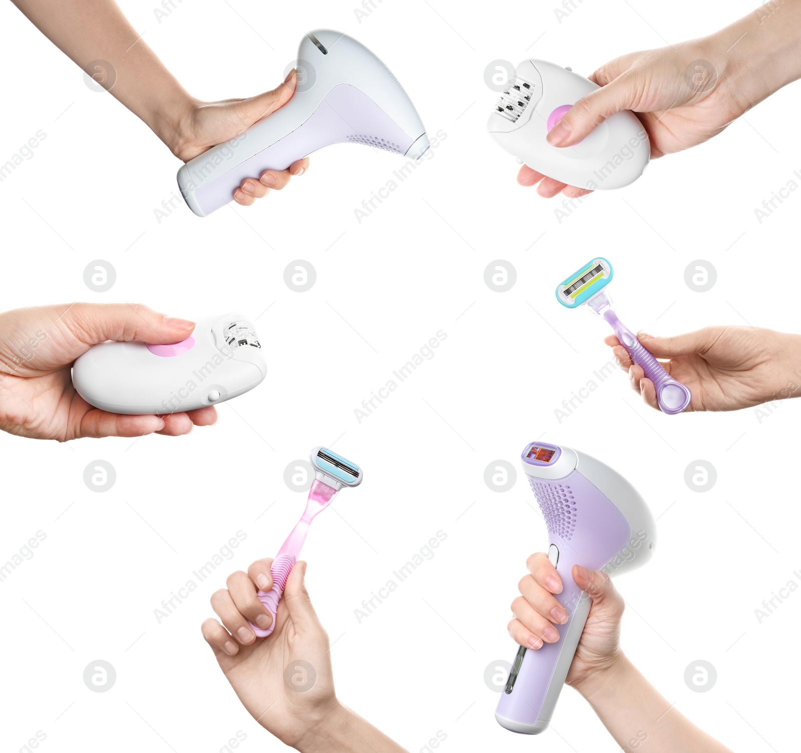 Image of Collage of women holding different devices for epilation on white background, closeup