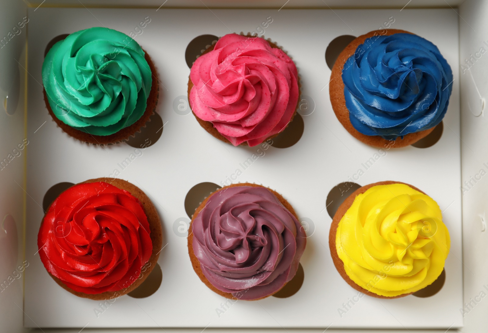 Photo of Different cupcakes with cream in box, closeup