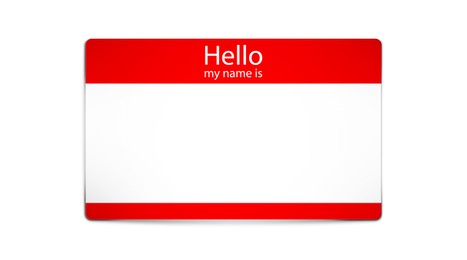 Card with text Hello my name is on white background, illustration. Mockup for design 