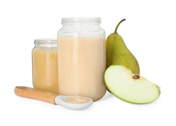 Tasty baby food in jars, spoon and fresh fruits isolated on white