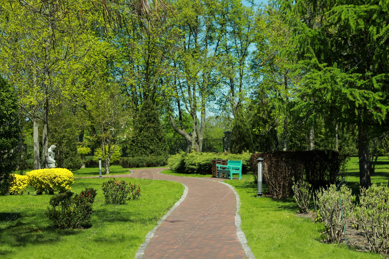 Photo of Picturesque view of beautiful park with fresh green grass and trees