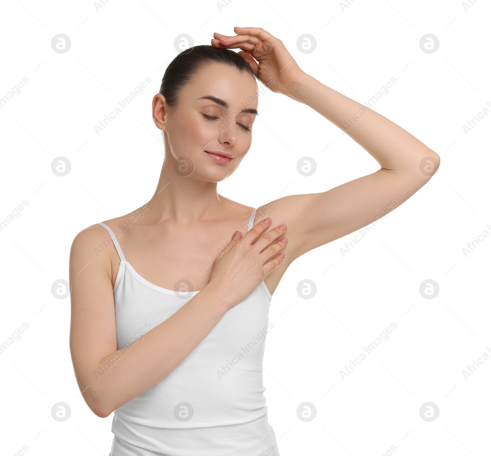 Photo of Beautiful woman showing armpit with smooth clean skin on white background