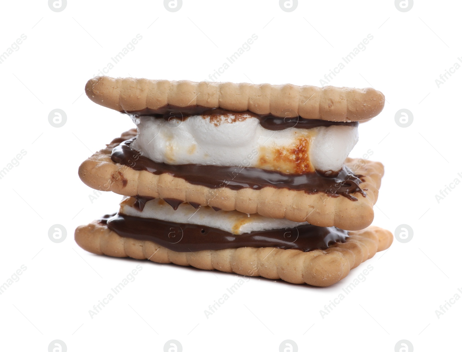 Photo of Delicious marshmallow sandwiches with crackers and chocolate isolated on white