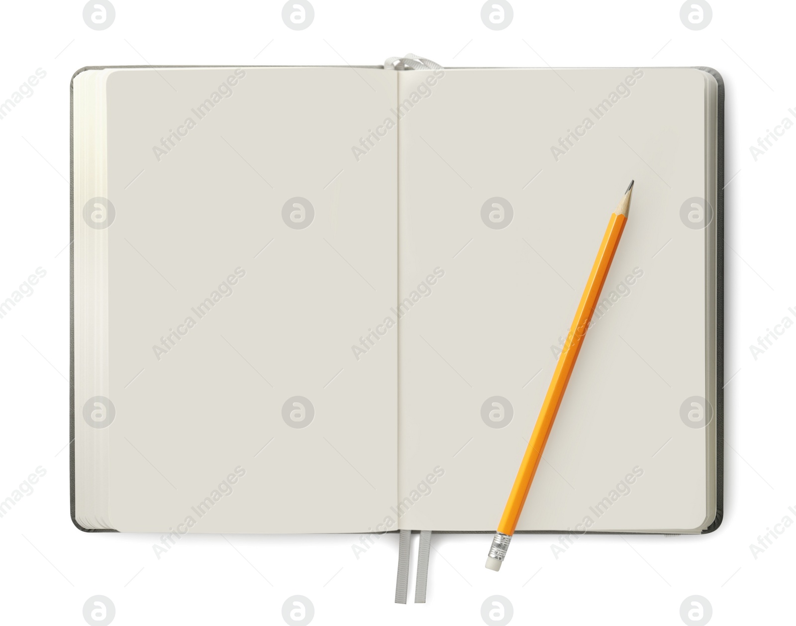 Photo of Open blank notebook with pencil isolated on white, top view