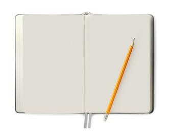 Open blank notebook with pencil isolated on white, top view