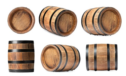 Image of Collage of wooden barrel on white background, different sides