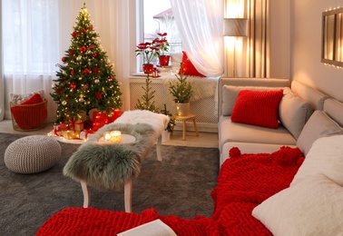 Living room with Christmas decorations. Festive interior design