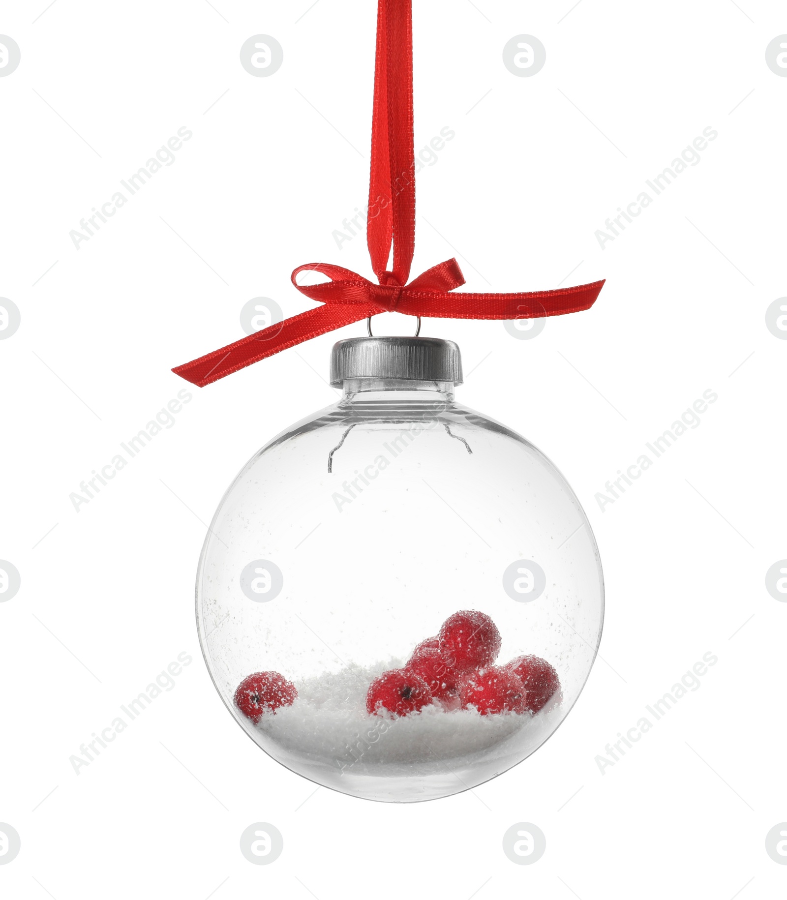 Photo of Decorative snow globe with red ribbon isolated on white
