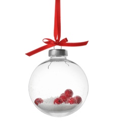 Decorative snow globe with red ribbon isolated on white