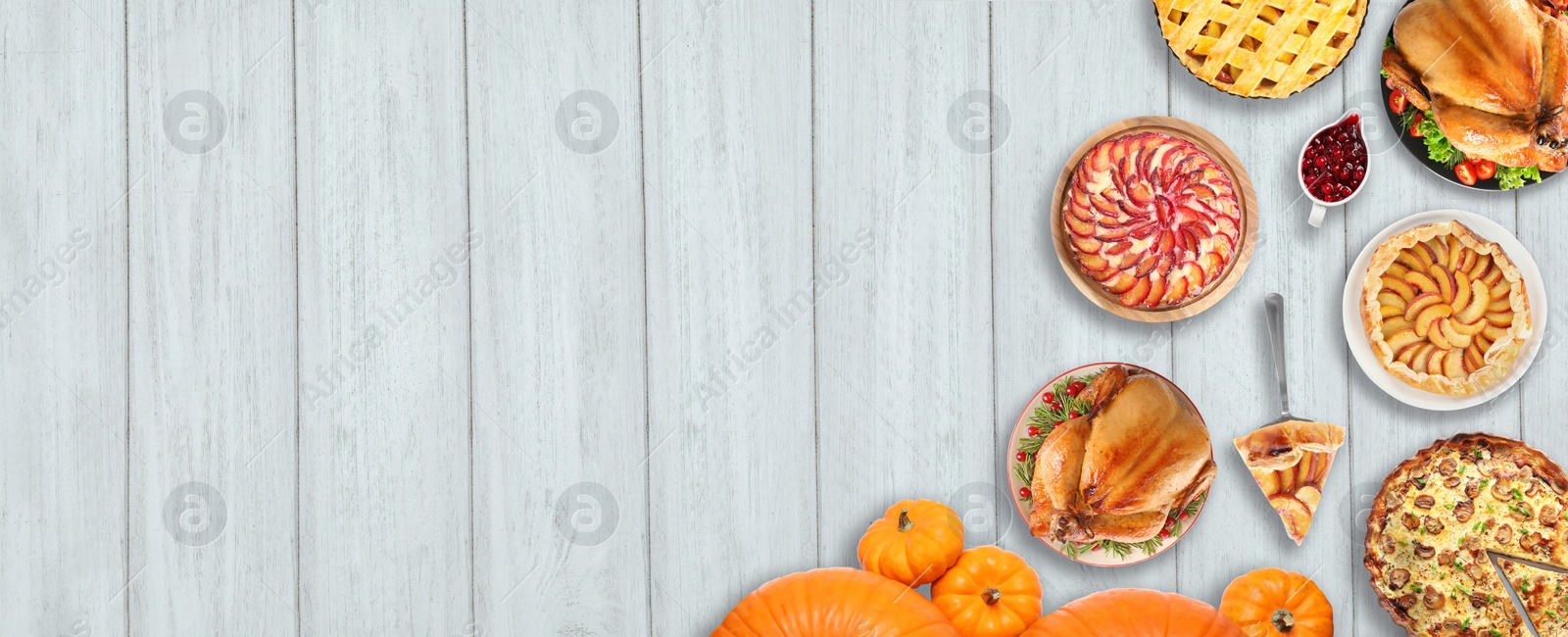 Image of Flat lay composition with different tasty pies on wooden table, space for text. Banner design