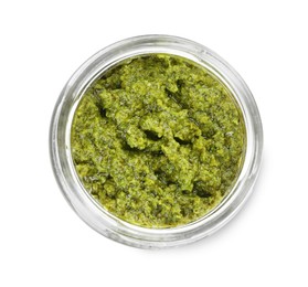 Photo of Fresh tasty pesto sauce isolated on white, top view