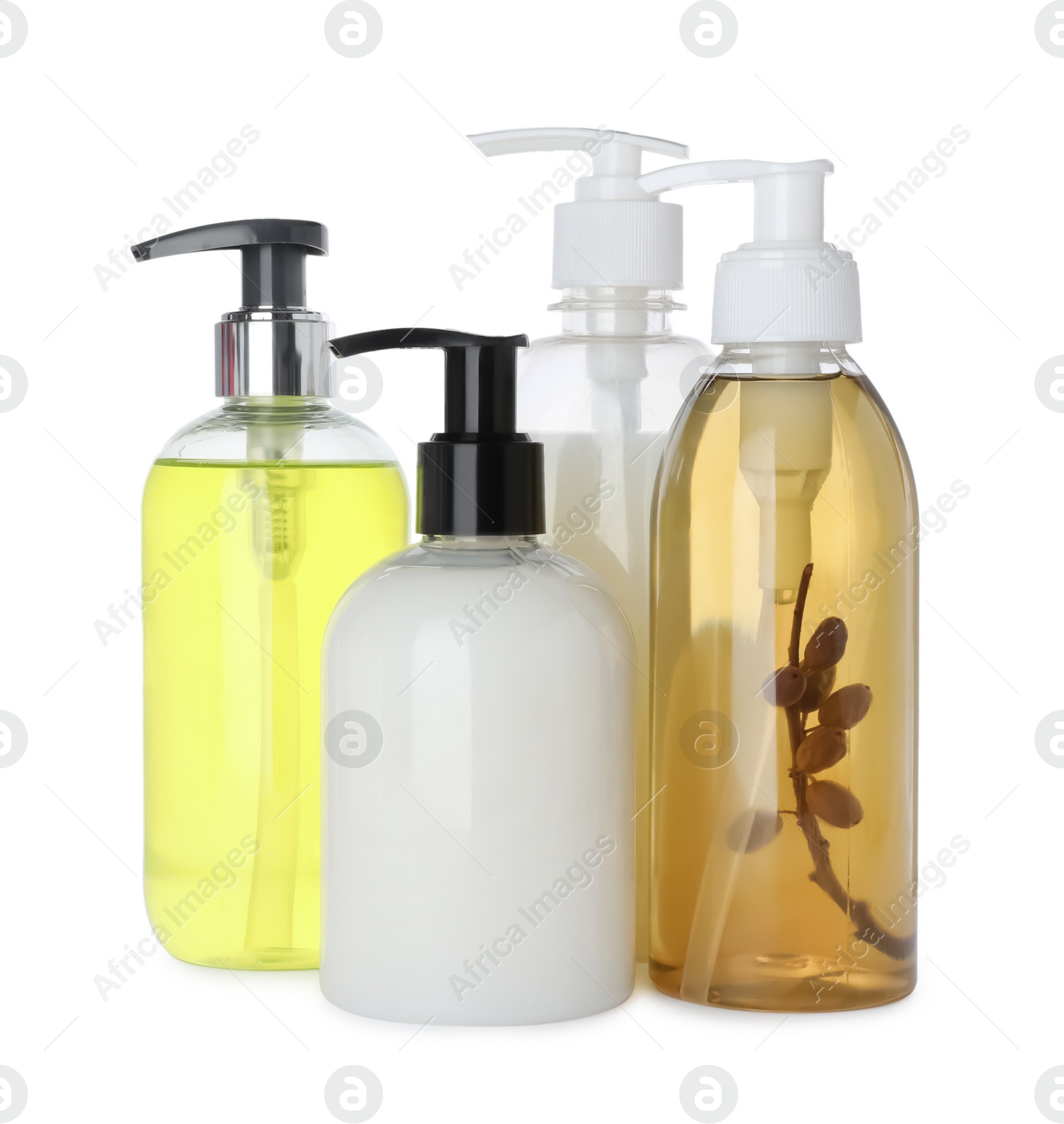 Photo of Dispensers of liquid soap on white background