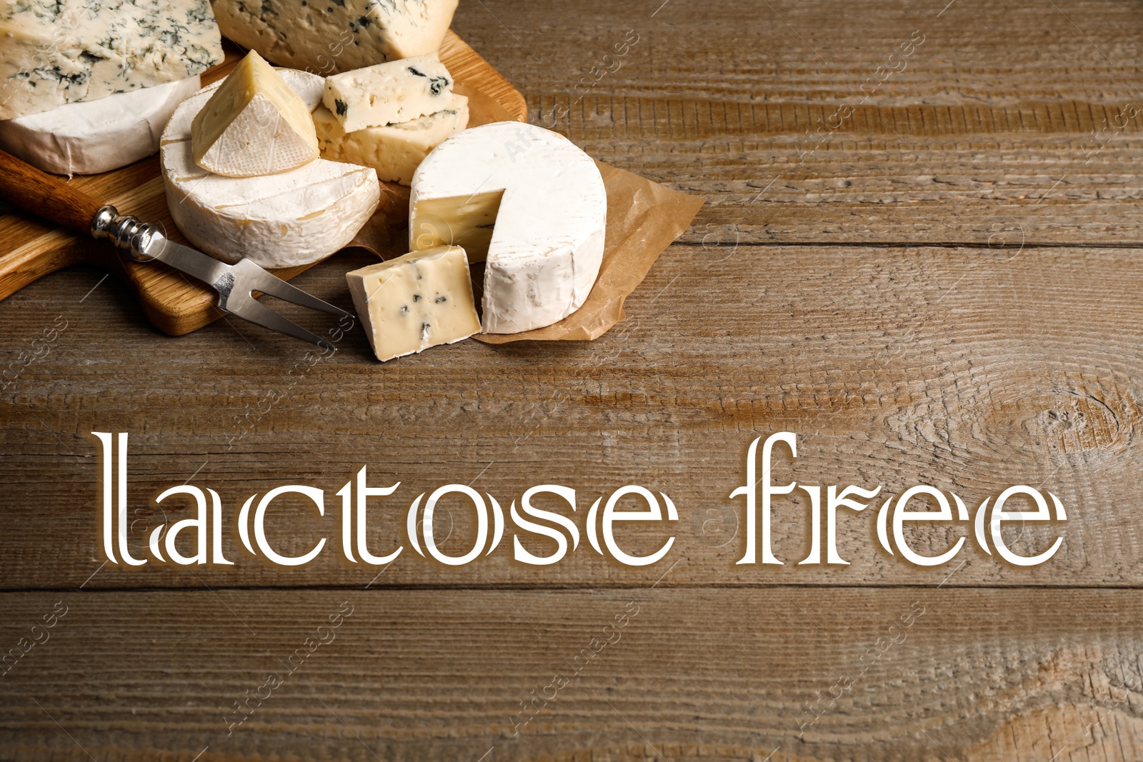 Image of Tasty lactose free cheeses on wooden table