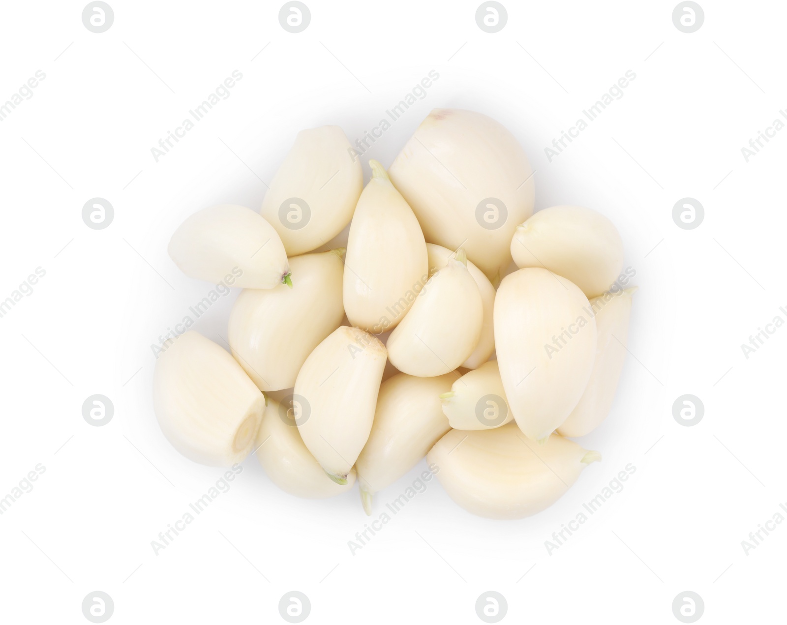 Photo of Peeled cloves of fresh garlic isolated on white, top view