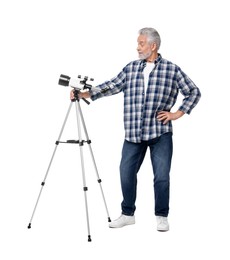 Senior astronomer with telescope on white background