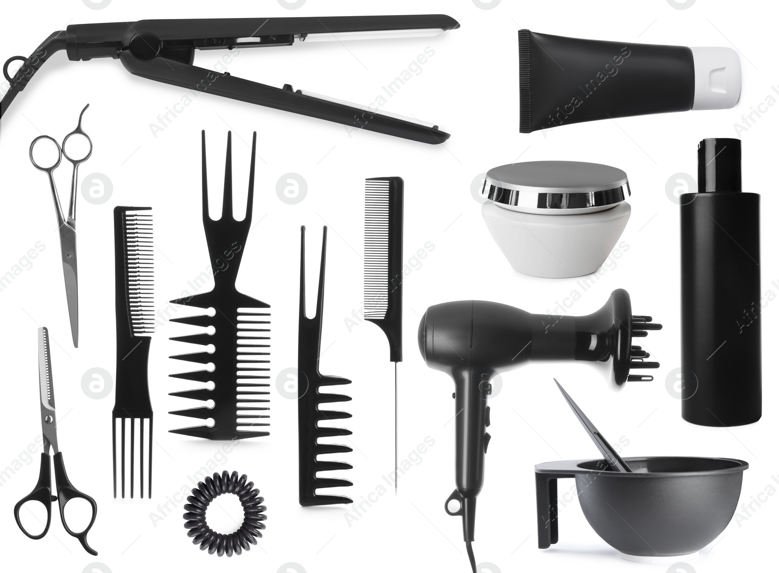 Image of Set with professional hairdresser tools and cosmetic products on white background