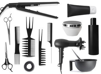 Set with professional hairdresser tools and cosmetic products on white background