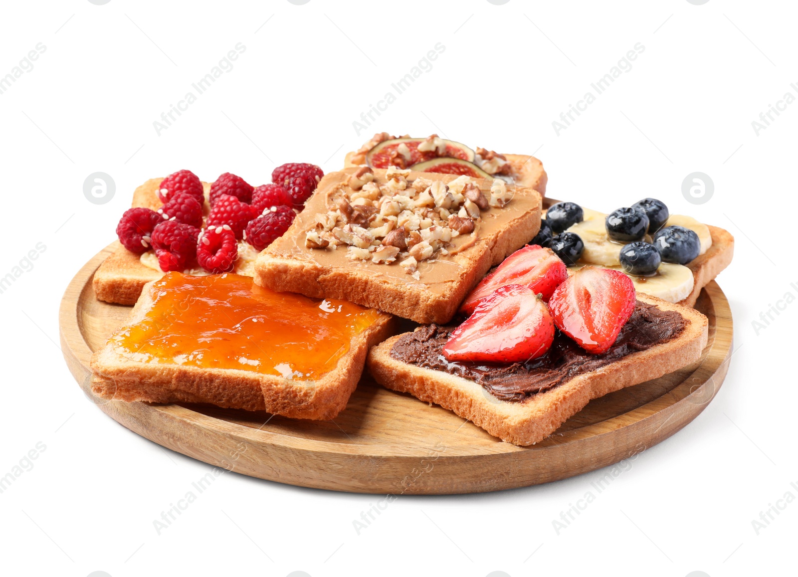 Photo of Plate of different sweet toasts isolated on white