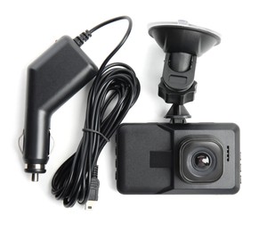 Photo of Modern car dashboard camera with suction mount and charger on white background, top view