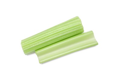 Fresh green cut celery isolated on white, top view