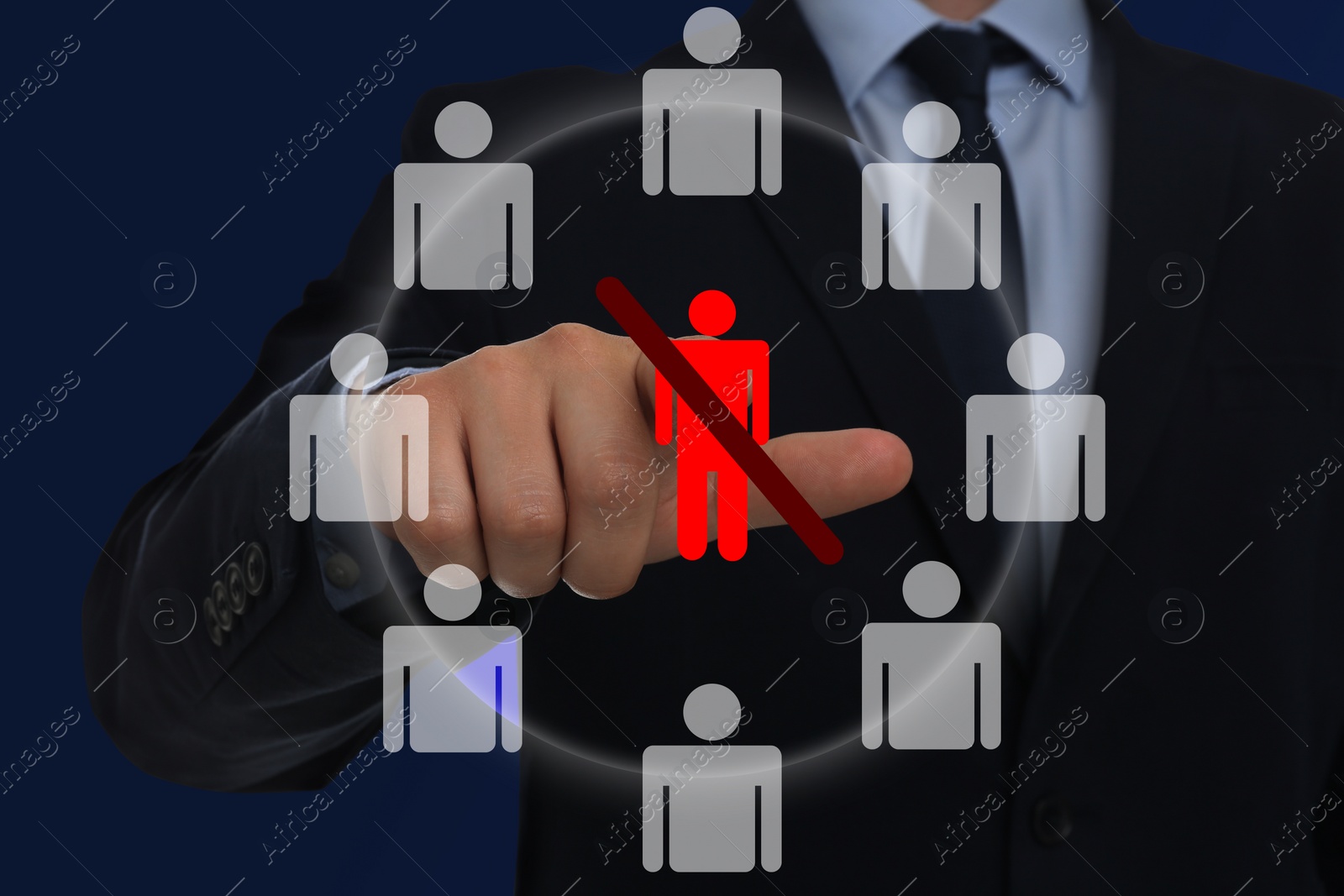 Image of Deciding whether to dismiss employee. Man near virtual screen, closeup