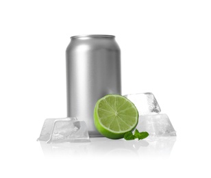 Photo of Tin can, lime, mint and ice cubes on white background