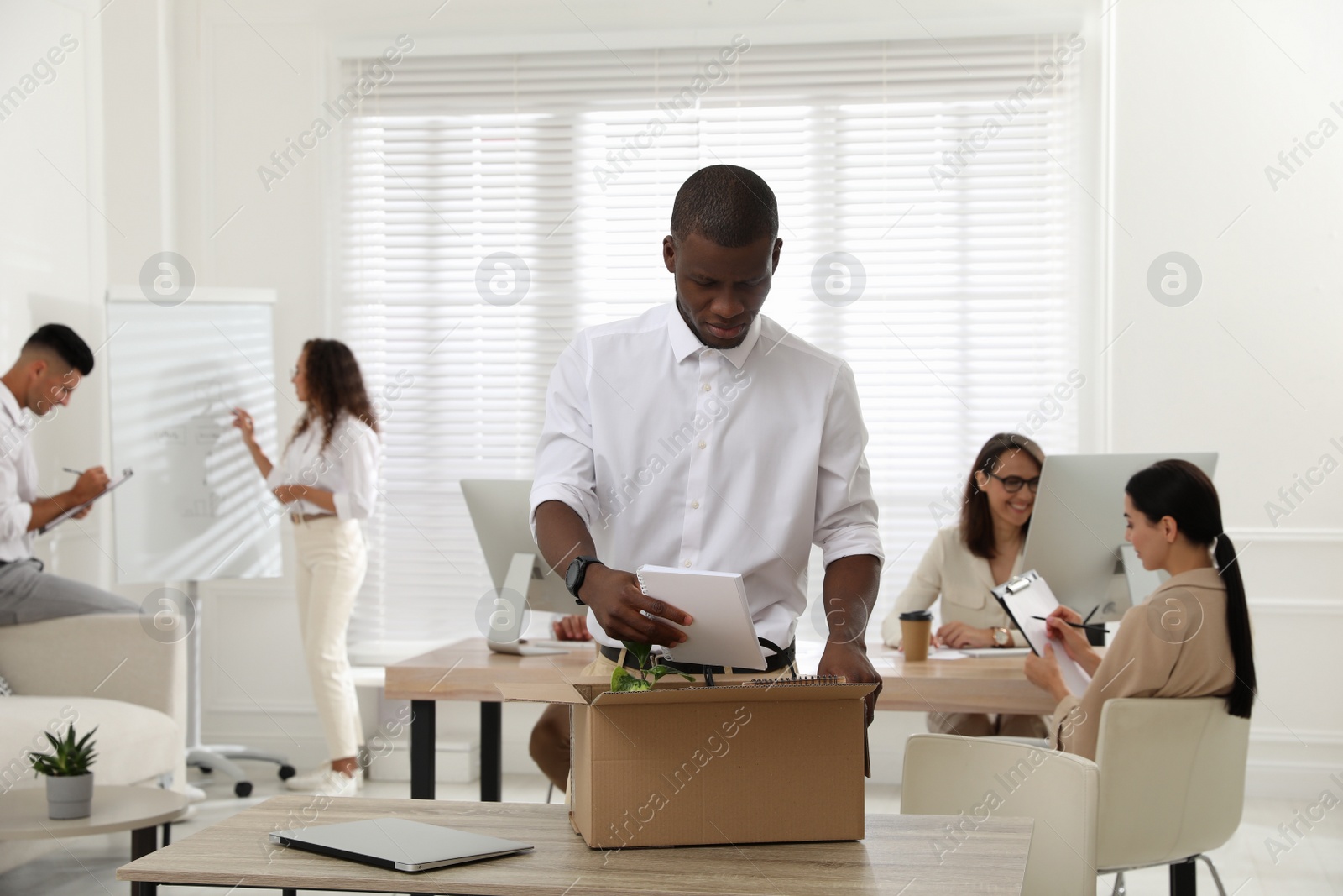 Photo of New coworker unpacking box with personal items at workplace in office