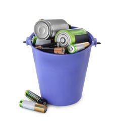 Image of Used batteries and bucket on white background