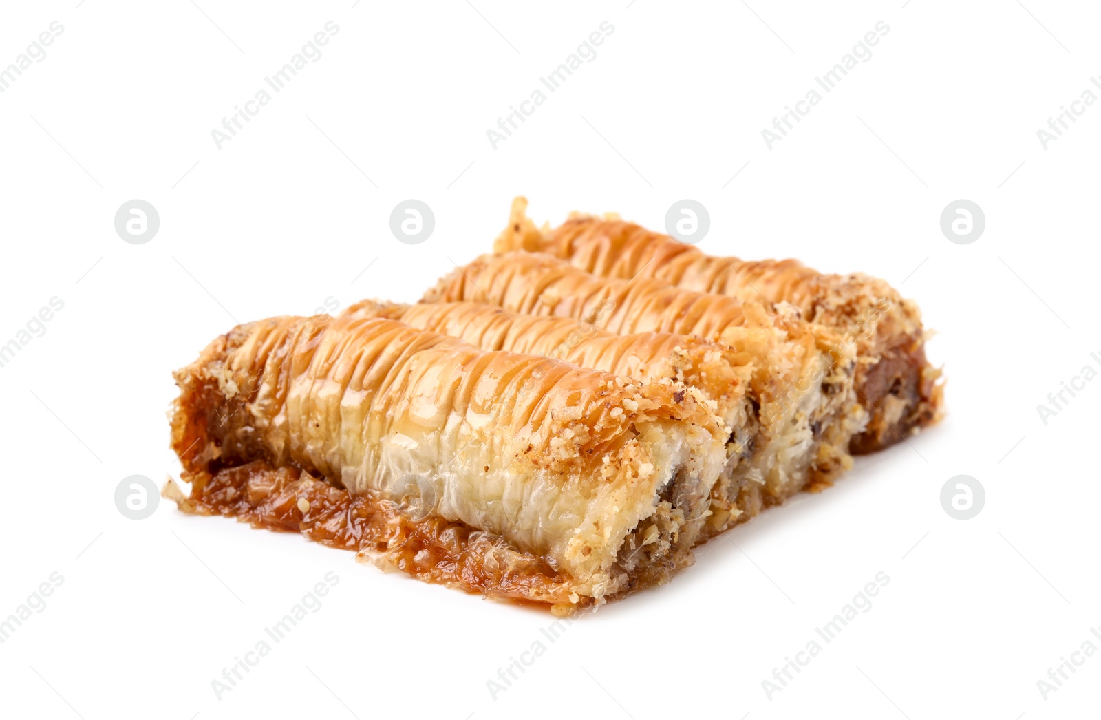 Photo of Eastern sweets. Pieces of tasty baklava isolated on white