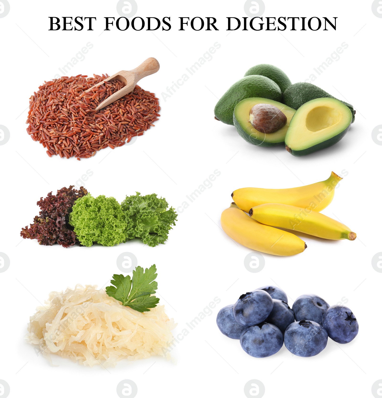 Image of Foods for healthy digestion, collage. Brown rice, lettuce, blueberries, bananas, avocado and fermented cabbage on white background