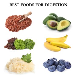 Foods for healthy digestion, collage. Brown rice, lettuce, blueberries, bananas, avocado and fermented cabbage on white background