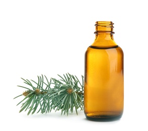 Photo of Little open bottle with essential oil and pine branch on white background