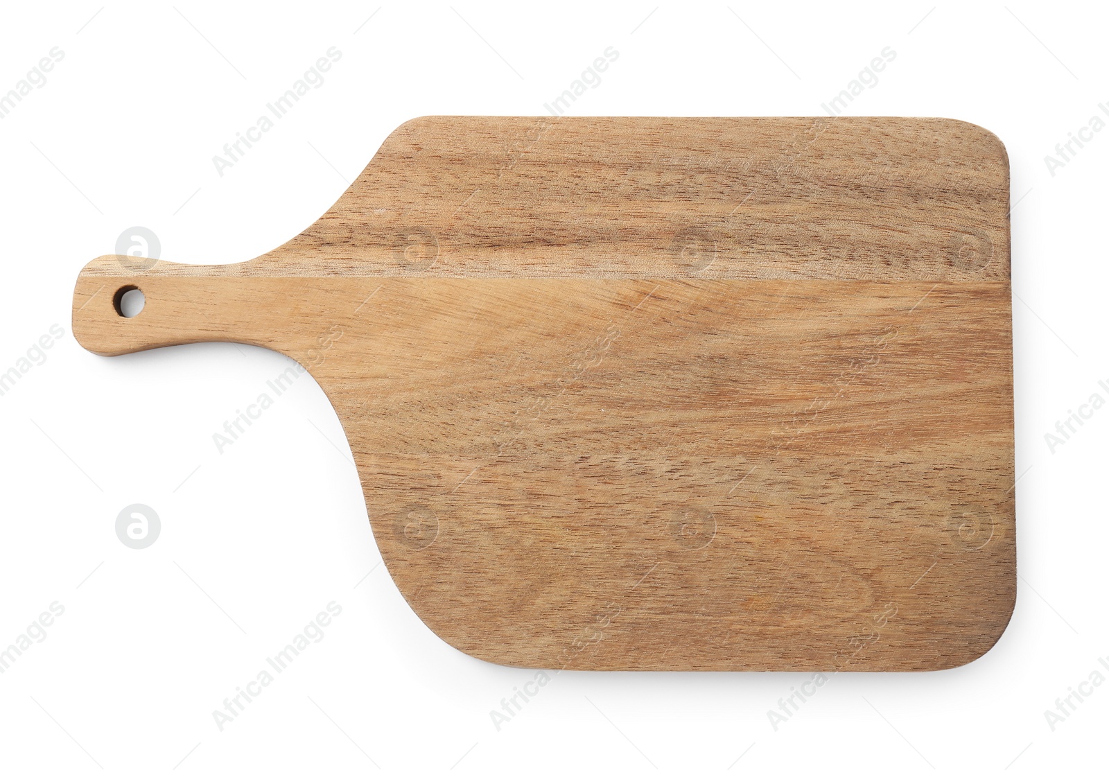 Photo of One wooden cutting board on white background, top view