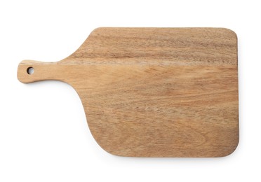 Photo of One wooden cutting board on white background, top view