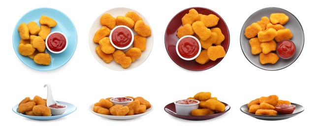 Image of Collage of tasty nuggets served with ketchup on white background, top and side views