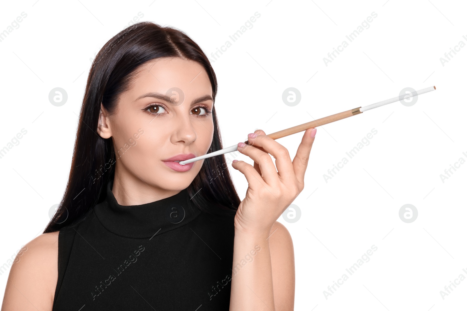 Photo of Woman using long cigarette holder for smoking isolated on white