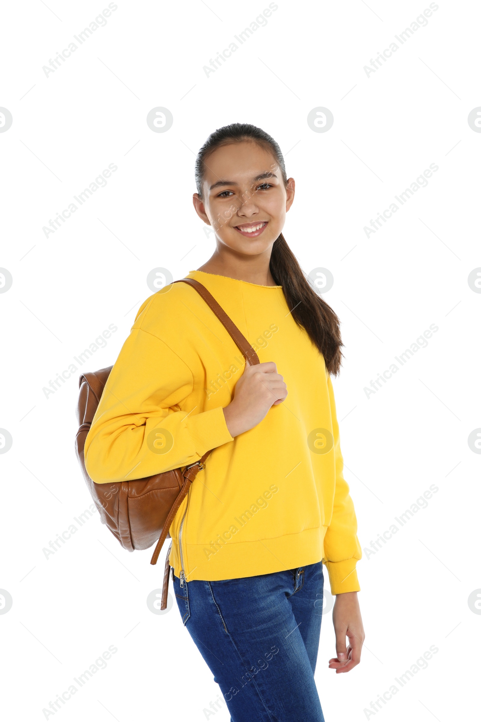 Photo of Teenager girl in casual clothes on white background