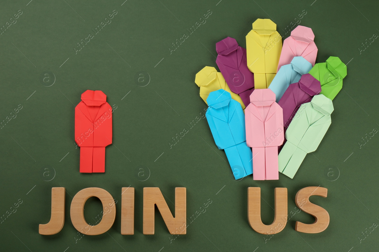Photo of Recruitment process, job competition concept. Flat lay composition with phrase Join Us, paper human figures and toy shopping carts on green background