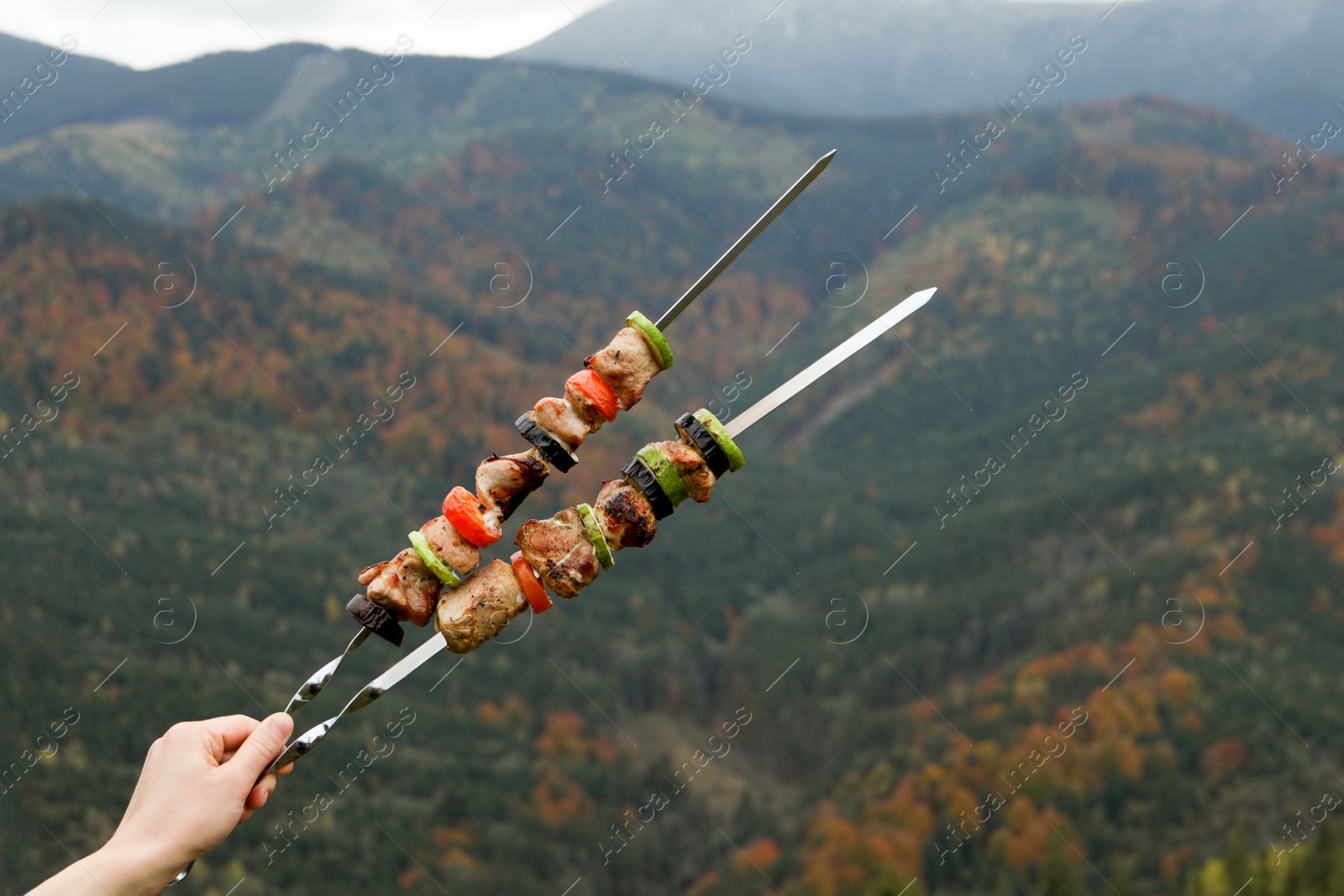 Photo of Woman holding metal skewers with delicious meat and vegetables against mountain landscape, closeup