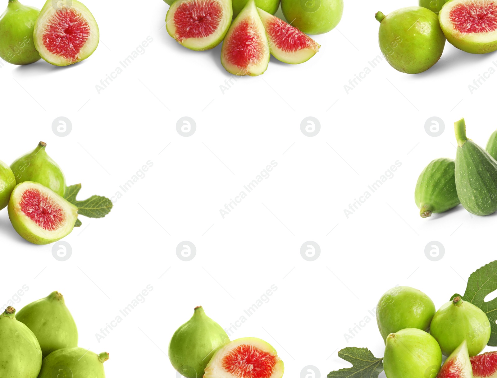 Image of Frame of ripe green figs on white background