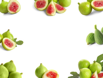 Image of Frame of ripe green figs on white background